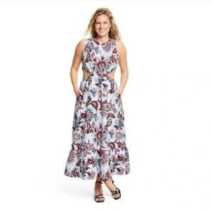 RHODE Light Blue Floral Cutout Maxi Dress with Burgundy and Teal Accents